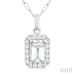 6x4 MM Octagonal Shape White Topaz and 1/6 Ctw Round Cut Diamond Halo Semi-Precious Pendant with Chain in 10K White Gold