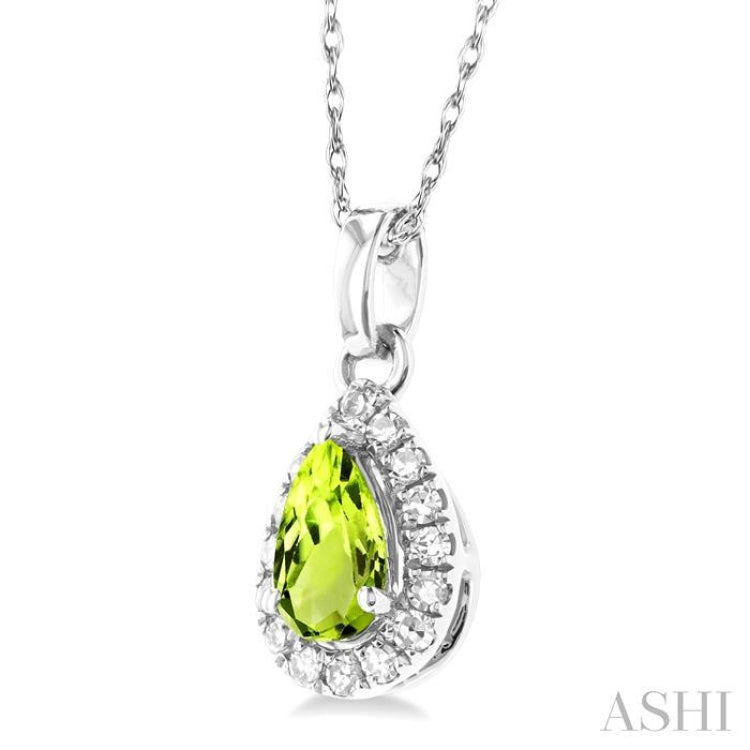 5x3 MM Pear Shape Peridot and 1/20 Ctw Single Cut Diamond Halo Semi-Precious Pendant with Chain in 14K White Gold