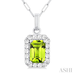 6x4 MM Octagonal Shape Peridot and 1/6 Ctw Round Cut Diamond Halo Semi-Precious Pendant with Chain in 10K White Gold