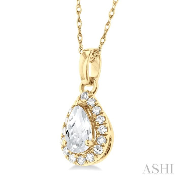 5x3 MM Pear Shape White Topaz and 1/20 Ctw Single Cut Diamond Halo Semi-Precious Pendant with Chain in 14K Yellow Gold