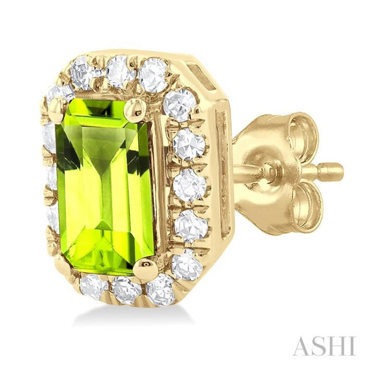 5x3 MM Octagonal Shape Peridot and 1/8 Ctw Single Cut Diamond Halo Semi-Precious Stud Earrings in 10K Yellow Gold