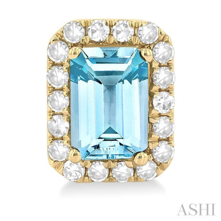 6x4 MM Octagonal Shape Aquamarine and 1/4 Ctw Round Cut Diamond Halo Semi-Precious Stud Earrings in 14K Yellow Gold
