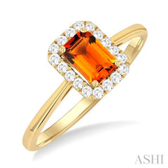 6x4 MM Octagonal Shape Citrine and 1/6 Ctw Round Cut Diamond Halo Semi-Precious Ring in 14K Yellow Gold