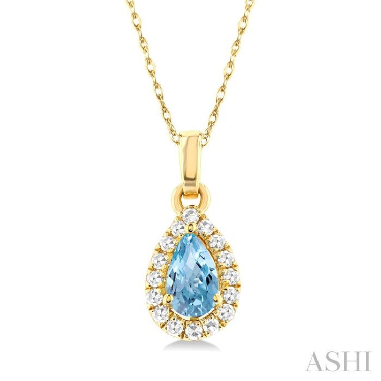 5x3 MM Pear Shape Aquamarine and 1/20 Ctw Single Cut Diamond Halo Semi-Precious Pendant with Chain in 14K Yellow Gold