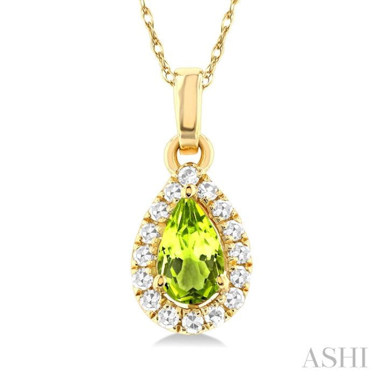 5x3 MM Pear Shape Peridot and 1/20 Ctw Single Cut Diamond Halo Semi-Precious Pendant with Chain in 14K Yellow Gold