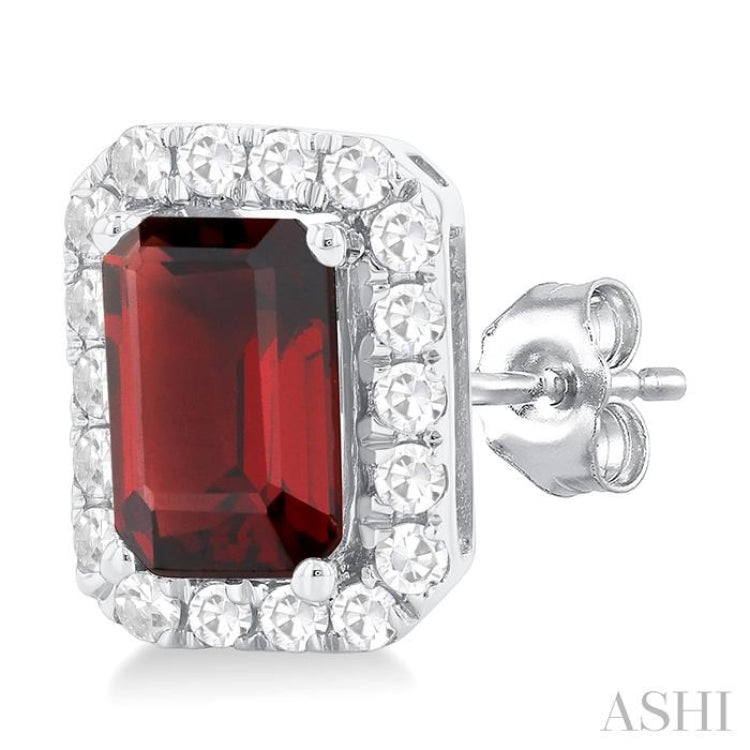 6x4 MM Octagonal Shape Garnet and 1/4 Ctw Round Cut Diamond Halo Semi-Precious Stud Earrings in 10K White Gold