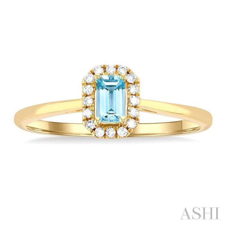 5x3 MM Octagonal Shape Aquamarine and 1/20 Ctw Single Cut Diamond Halo Semi-Precious Ring in 14K Yellow Gold