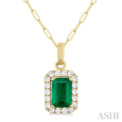 6x4 MM Octagonal Shape Emerald and 1/6 Ctw Round Cut Diamond Halo Precious Pendant with Chain in 10K Yellow Gold