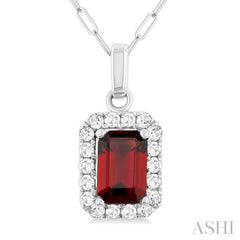6x4 MM Octagonal Shape Garnet and 1/6 Ctw Round Cut Diamond Halo Semi-Precious Pendant with Chain in 10K White Gold