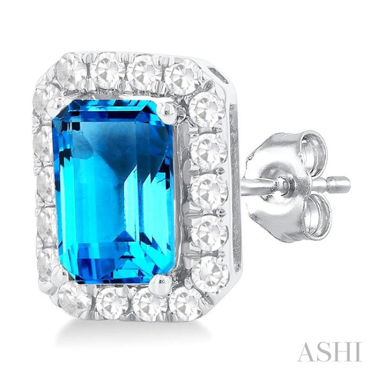 6x4 MM Octagonal Shape Blue Topaz and 1/4 Ctw Round Cut Diamond Halo Semi-Precious Stud Earrings in 14K White Gold