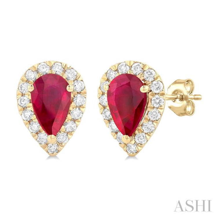 6x4 MM Pear Shape Ruby and 1/4 Ctw Round Cut Diamond Halo Precious Stud Earrings in 14K Yellow Gold