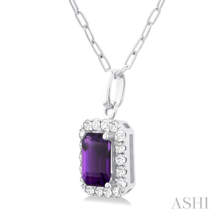 6x4 MM Octagonal Shape Amethyst and 1/6 Ctw Round Cut Diamond Halo Semi-Precious Pendant with Chain in 10K White Gold