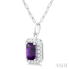 6x4 MM Octagonal Shape Amethyst and 1/6 Ctw Round Cut Diamond Halo Semi-Precious Pendant with Chain in 10K White Gold