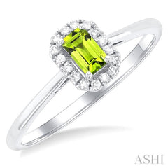 5x3 MM Octagonal Shape Peridot and 1/20 Ctw Single Cut Diamond Halo Semi-Precious Ring in 14K White Gold