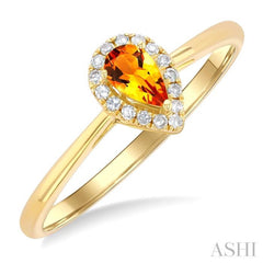 5x3 MM Pear Shape Citrine and 1/20 Ctw Single Cut Diamond Halo Semi-Precious Ring in 14K Yellow Gold