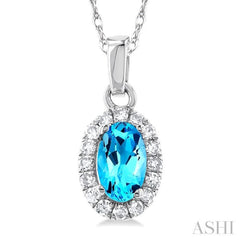 5x3 MM Oval Shape Blue Topaz and 1/20 Ctw Single Cut Diamond Halo Semi-Precious Pendant with Chain in 10K White Gold