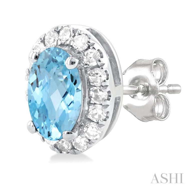 5x3 MM Oval Shape Aquamarine and 1/8 Ctw Single Cut Diamond Halo Semi-Precious Stud Earrings in 10K White Gold