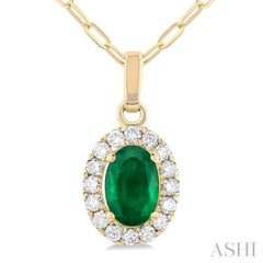 6x4 MM Oval Shape Emerald and 1/6 Ctw Round Cut Diamond Halo Precious Pendant with Chain in 14K Yellow Gold