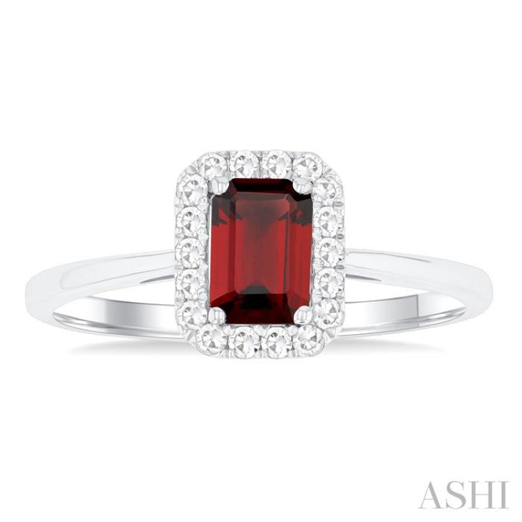 6x4 MM Octagonal Shape Garnet and 1/6 Ctw Round Cut Diamond Halo Semi-Precious Ring in 14K White Gold