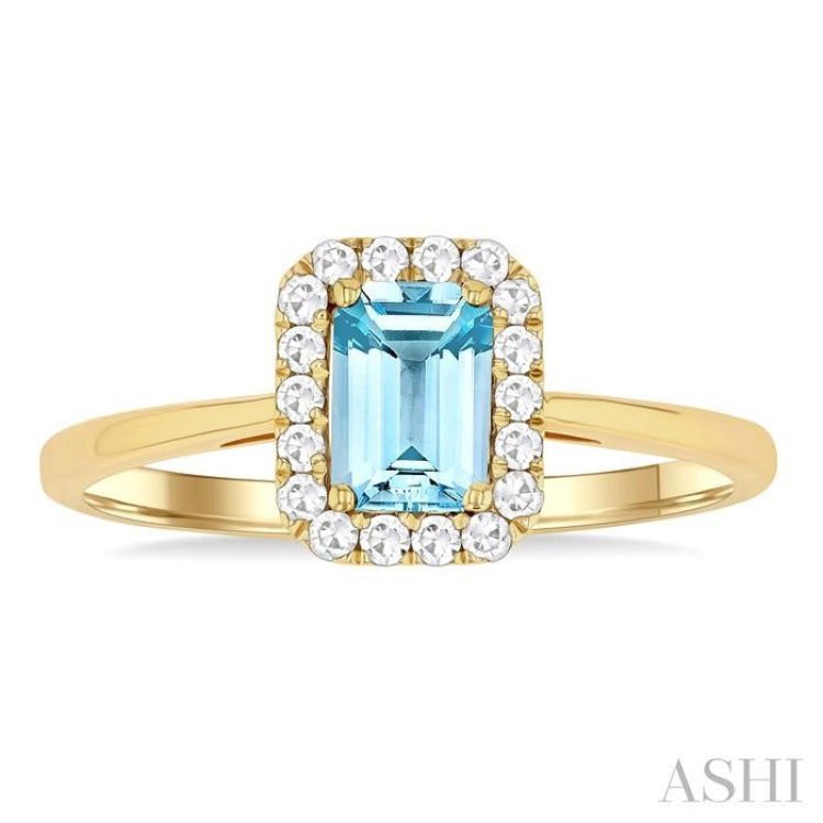 6x4 MM Octagonal Shape Aquamarine and 1/6 Ctw Round Cut Diamond Halo Semi-Precious Ring in 14K Yellow Gold
