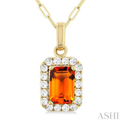6x4 MM Octagonal Shape Citrine and 1/6 Ctw Round Cut Diamond Halo Semi-Precious Pendant with Chain in 10K Yellow Gold