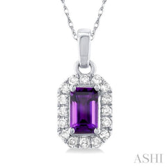 5x3 MM Octagonal Shape Amethyst and 1/20 Ctw Single Cut Diamond Halo Semi-Precious Pendant with Chain in 14K White Gold