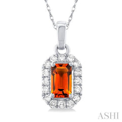 5x3 MM Octagonal Shape Citrine and 1/20 Ctw Single Cut Diamond Halo Semi-Precious Pendant with Chain in 14K White Gold