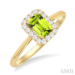 6x4 MM Octagonal Shape Peridot and 1/6 Ctw Round Cut Diamond Halo Semi-Precious Ring in 10K Yellow Gold