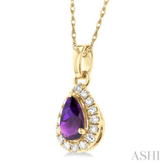 5x3 MM Pear Shape Amethyst and 1/20 Ctw Single Cut Diamond Halo Semi-Precious Pendant with Chain in 10K Yellow Gold