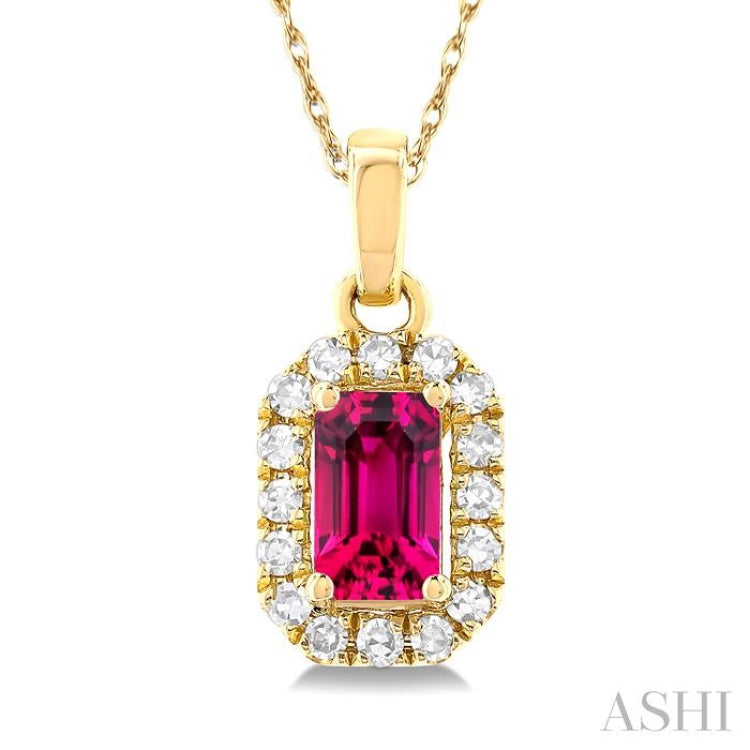 5x3 MM Octagonal Shape Pink Tourmaline and 1/20 Ctw Single Cut Diamond Halo Semi-Precious Pendant with Chain in 10K Yellow Gold
