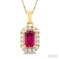 5x3 MM Octagonal Shape Pink Tourmaline and 1/20 Ctw Single Cut Diamond Halo Semi-Precious Pendant with Chain in 10K Yellow Gold