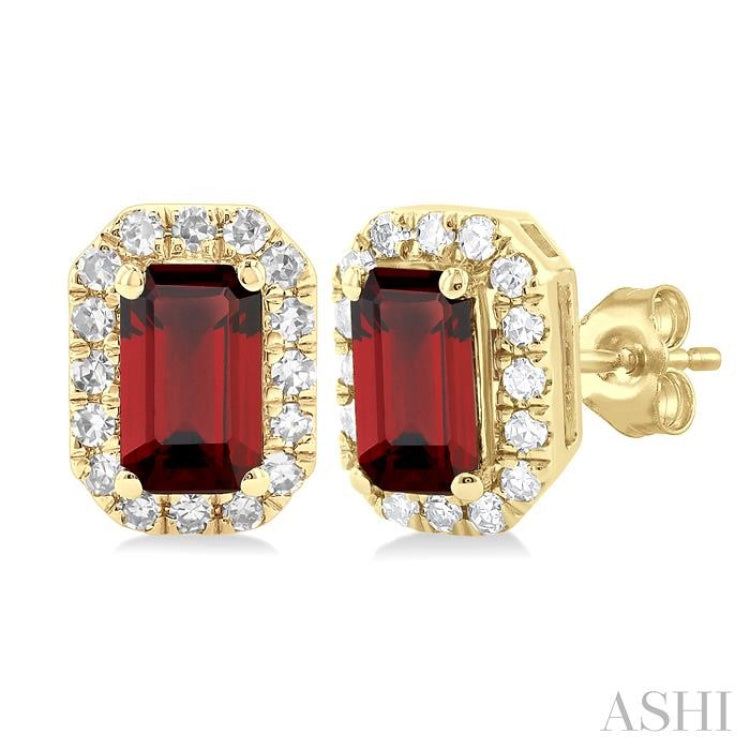 5x3 MM Octagonal Shape Garnet and 1/8 Ctw Single Cut Diamond Halo Semi-Precious Stud Earrings in 14K Yellow Gold