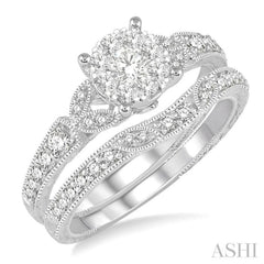 5/8 Ctw Round Cut Diamond Lovebright Wedding Set with 1/2 Ctw Engagement Ring and 1/6 Ctw Wedding Band in 14K White Gold