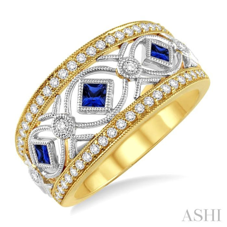 2.2&2.6 MM Princess Cut Sapphire and 1/3 Ctw Round Cut Diamond Precious Band in 14K Yellow and White Gold