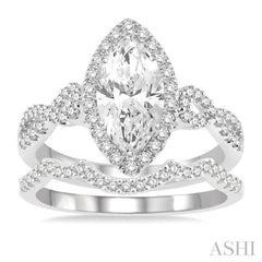 1 1/6 Ctw Round Cut Diamond Wedding Set With 1 Ctw Split Bow Shank Marquise Cut Engagement Ring and 1/6 Ctw Triple Arch Wedding Band in 14K White Gold