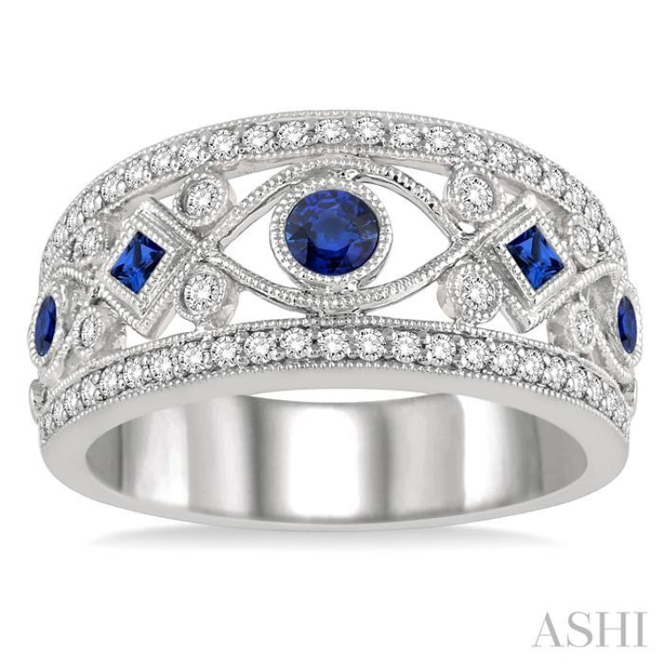 1/3 Ctw Round Cut Diamond and Princess & Round Cut Sapphire Precious Band in 14K White Gold