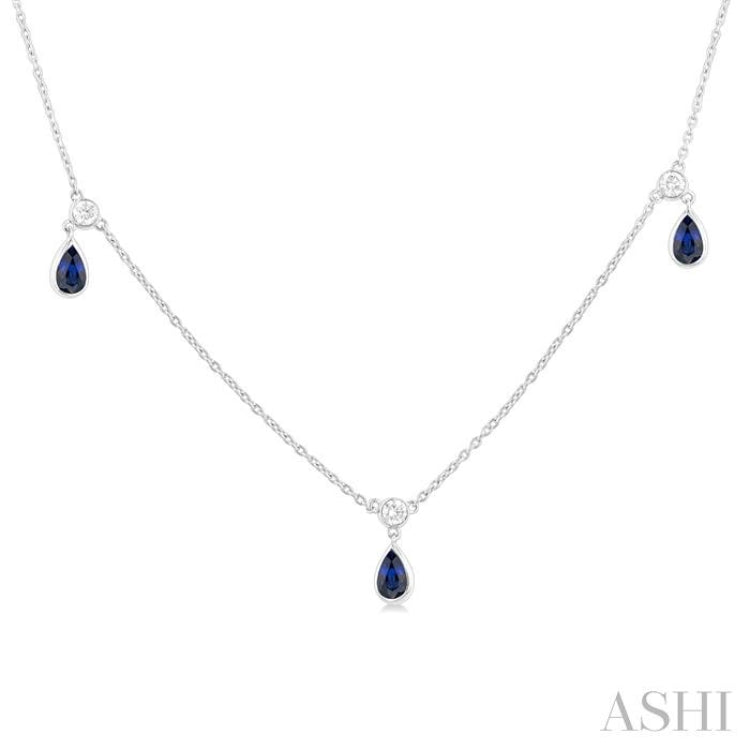 5x3 MM Pear Shape Sapphire and 1/8 Ctw Round Cut Diamonds Precious Station Necklace in 10K White Gold