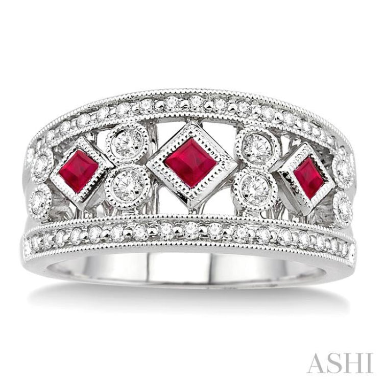 2.2 MM & 2.4 MM Princess Cut Ruby and 3/8 Ctw Round Cut Diamond Precious Fashion Band in 14K White Gold