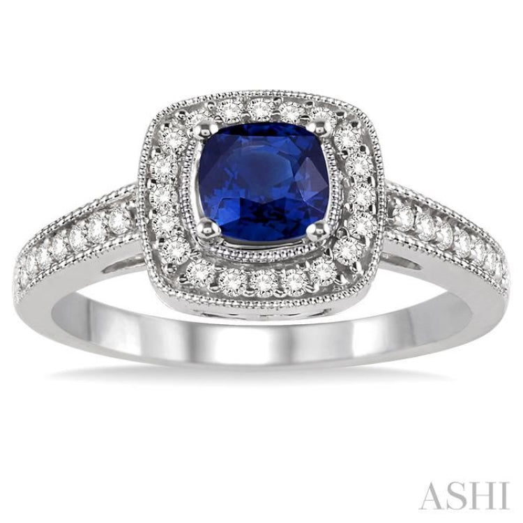 5x5 MM Cushion Shape Sapphire and 1/4 Ctw Round Cut Diamond Ring in 14K White Gold