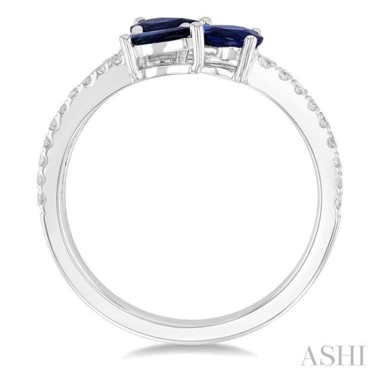 5x3 MM Pear Cut Sapphire and 1/4 Ctw Round Cut Embraced 3-Stone East-West Set Diamond Precious Open Fashion Ring in 14K White Gold