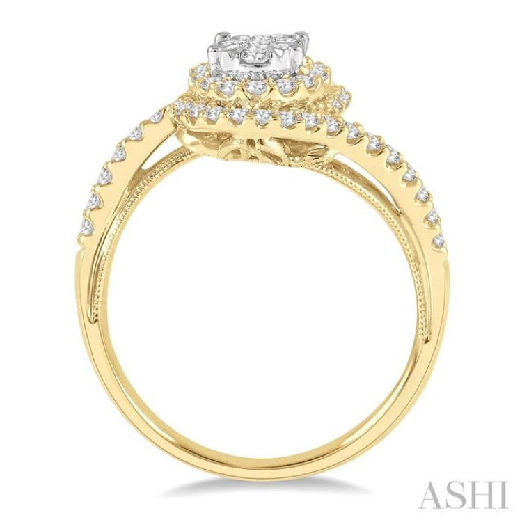 5/8 Ctw Oval Bypass Lovebright Round Cut Diamond Engagement Ring in 14K Yellow and White Gold