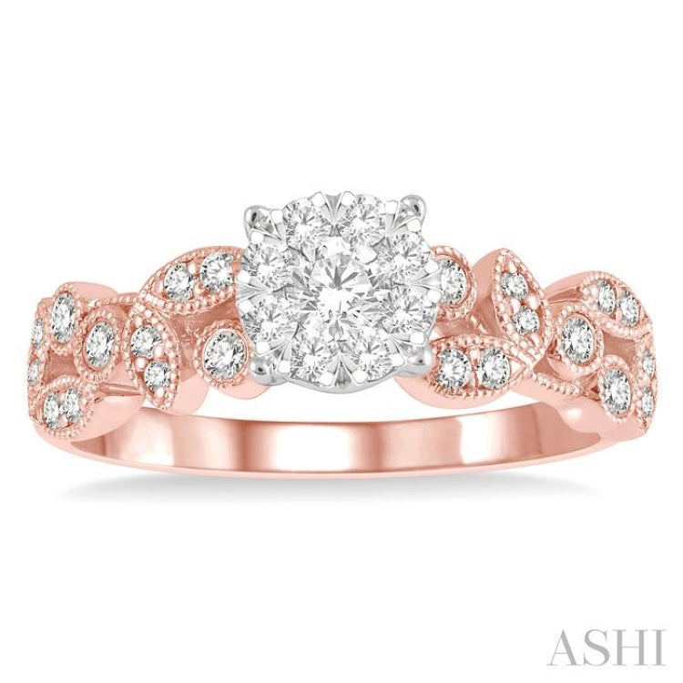 1/2 Ctw Marquise and Circular Mount Carved Lovebright Round Cut Diamond Engagement Ring in 14K Rose and White Gold