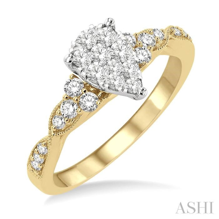 1/2 Ctw Pear Shape Center Criss Cross Carved Shank Lovebright Round Cut Diamond Engagement Ring in 14K Yellow and White gold