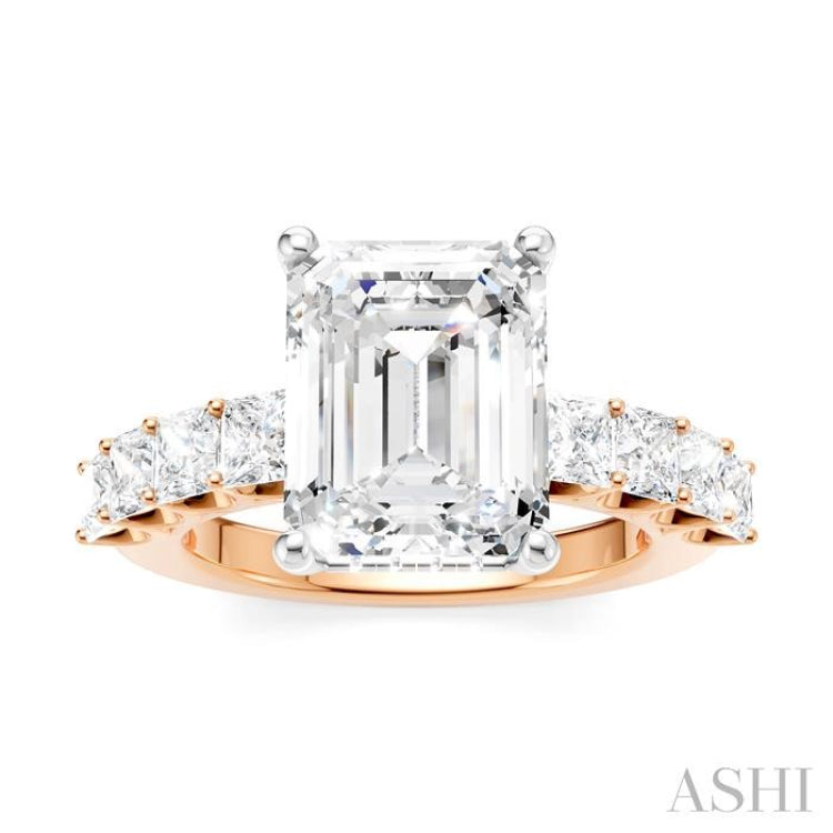 1 1/3 Ctw Emerald Shape Princess and Round Cut Diamond Semi-Mount Engagement Ring in 14K Rose and White Gold