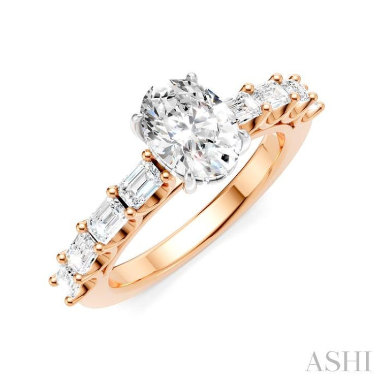 7/8 Ctw Oval Shape Emerald and Round Cut Diamond Semi-Mount Engagement Ring in 14K Rose and White Gold