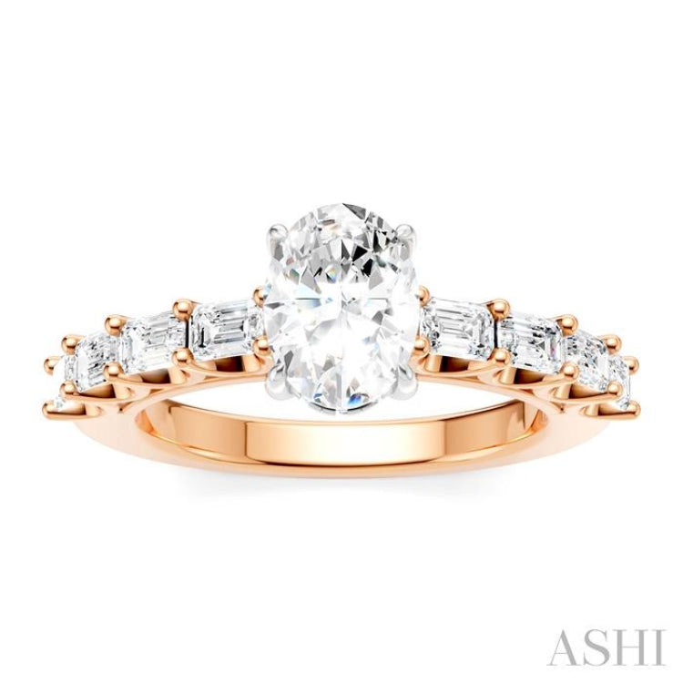 7/8 Ctw Oval Shape Emerald and Round Cut Diamond Semi-Mount Engagement Ring in 14K Rose and White Gold