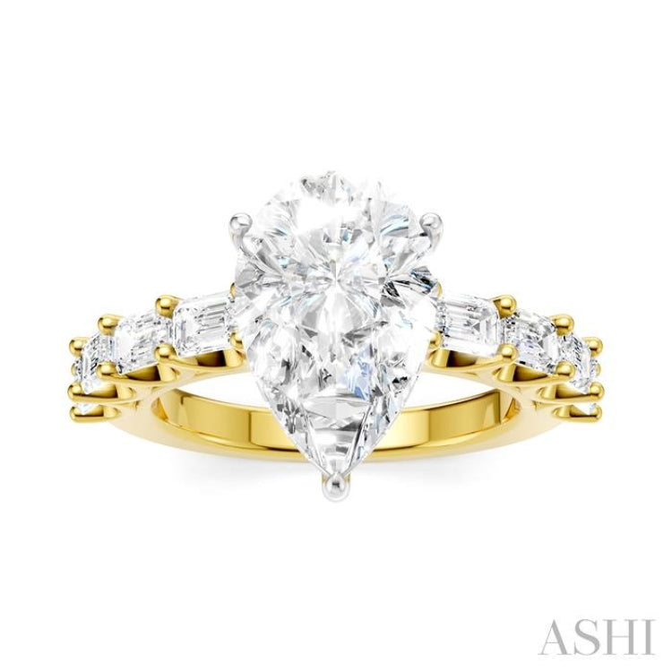 1 1/3 Ctw Pear Shape Emerald and Round Cut Diamond Semi-Mount Engagement Ring in 14K Yellow and White Gold