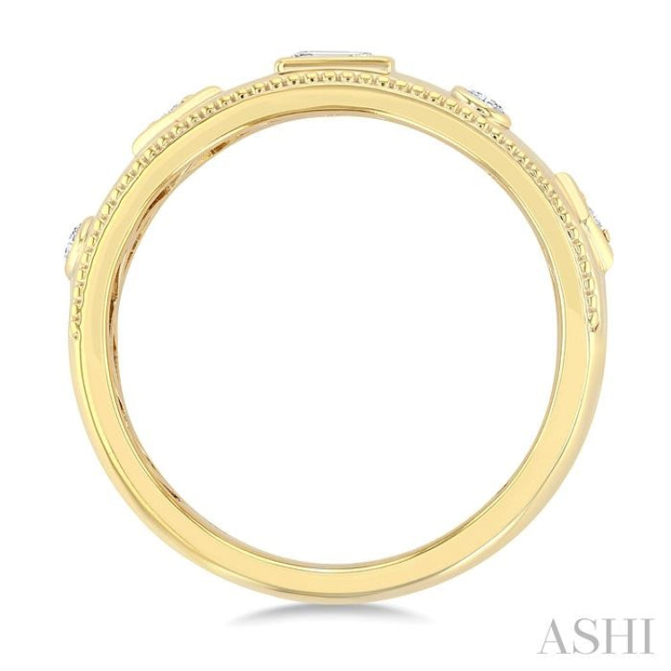 1/6 Ctw Mixed Shape Bezel Set Baguette and Round Cut Diamond Fashion Band in 14K Yellow Gold
