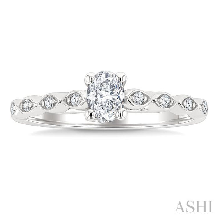 3/8 Ctw Marquise Mount Shank Round Cut Diamond Engagement Ring With 1/3 Ct Oval Cut Diamond Center Stone in 14K White Gold