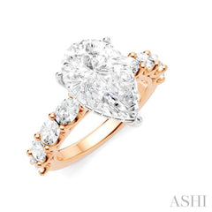 1 1/3 Ctw Pear Shape Oval and Round Cut Diamond Semi-Mount Engagement Ring in 14K Rose and White Gold